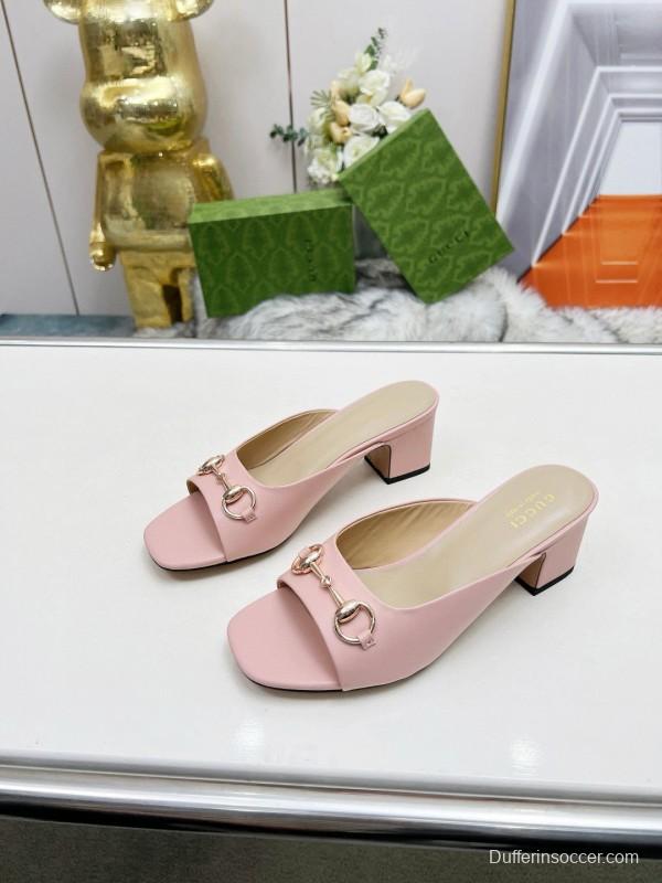 2025 Women Gucci Pink Leather Block Heel Mules MJ00180