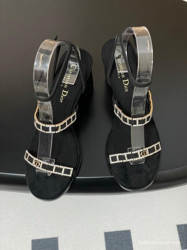 2025 Women Dior Black Suede Crystal Embellished Strap Sandals
