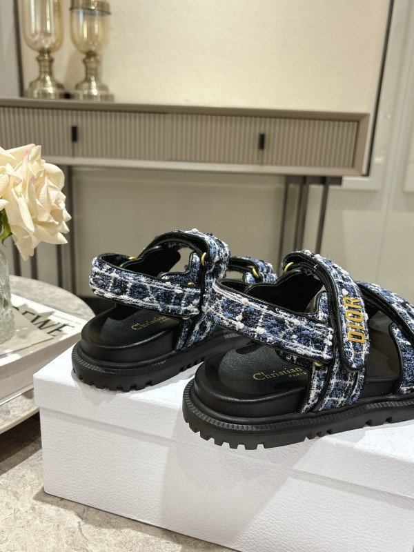 2025 Women Dior Black Blue White Fabric Leather Sandals KFY00300