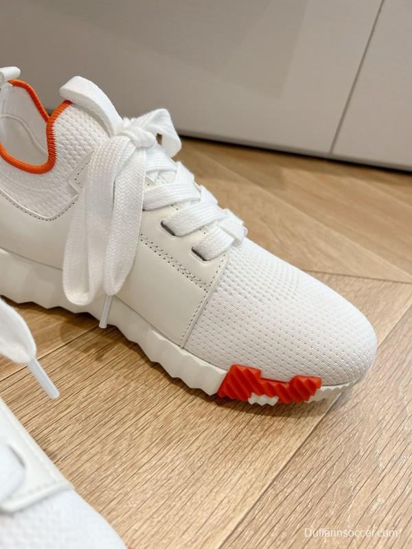 2024 Unisex Hermès white orange knit leather sneakers