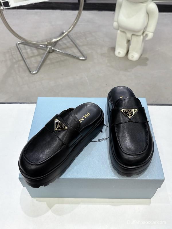 2025 Women Prada Black Leather Loafers