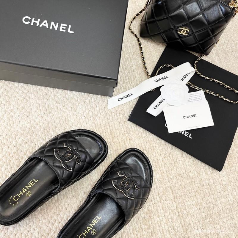 2025 Chanel Black Leather Slippers CC Stitching KFY00290