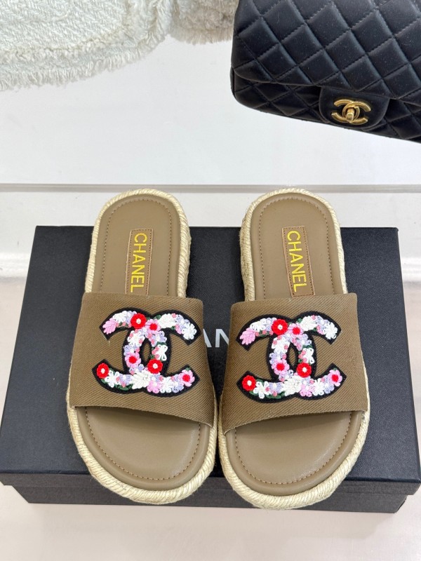 2025 Women Chanel Khaki Embroidered Lambskin Slippers KFY00230