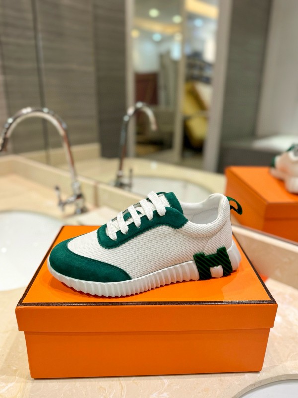 2024 Unisex Hermès White Green Mesh Suede Sneakers MJ00320