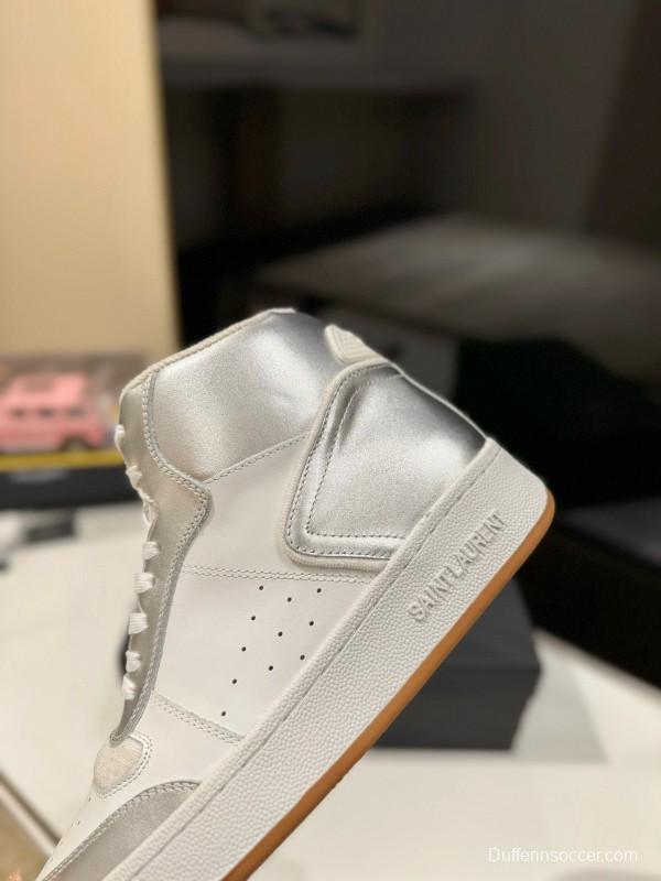 2024 Unisex Yves Saint Laurent White Silver Leather High Top Sneakers MJ00390