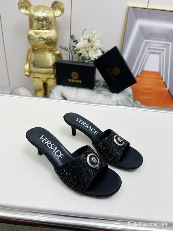2025 Women VERSACE Black Silk Rhinestone Square Toe Sandals MJ00230