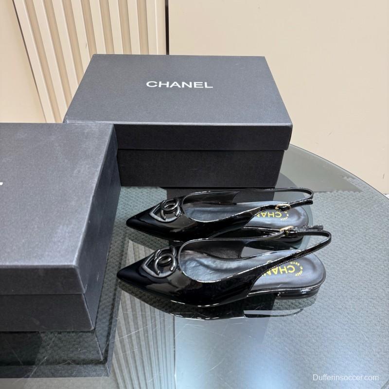 2025 Women Chanel Black Satin Leather Slingback Flats KFY00290