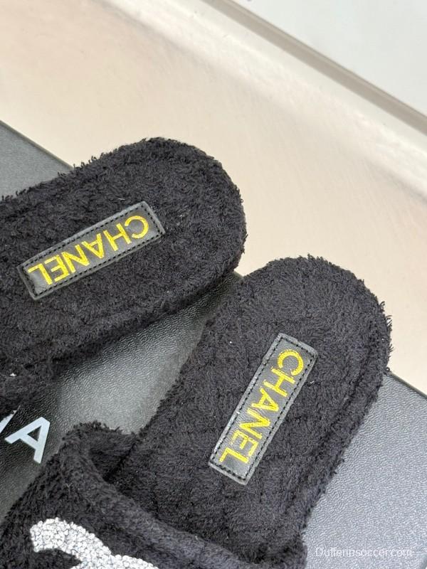 2025 Women Chanel Black Terry Cloth Slippers KFY00220