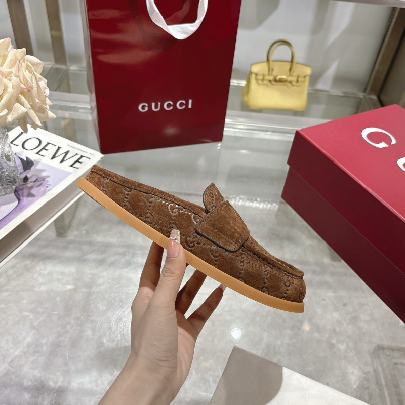 2025 Women Gucci Dark Brown Suede Mule Embossed GG LY00270