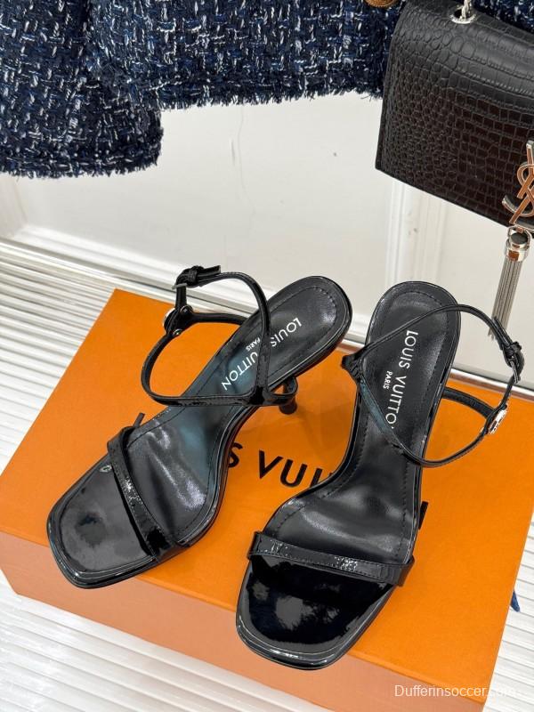 2025 Women Louis Vuitton Black Leather High Heel Sandals