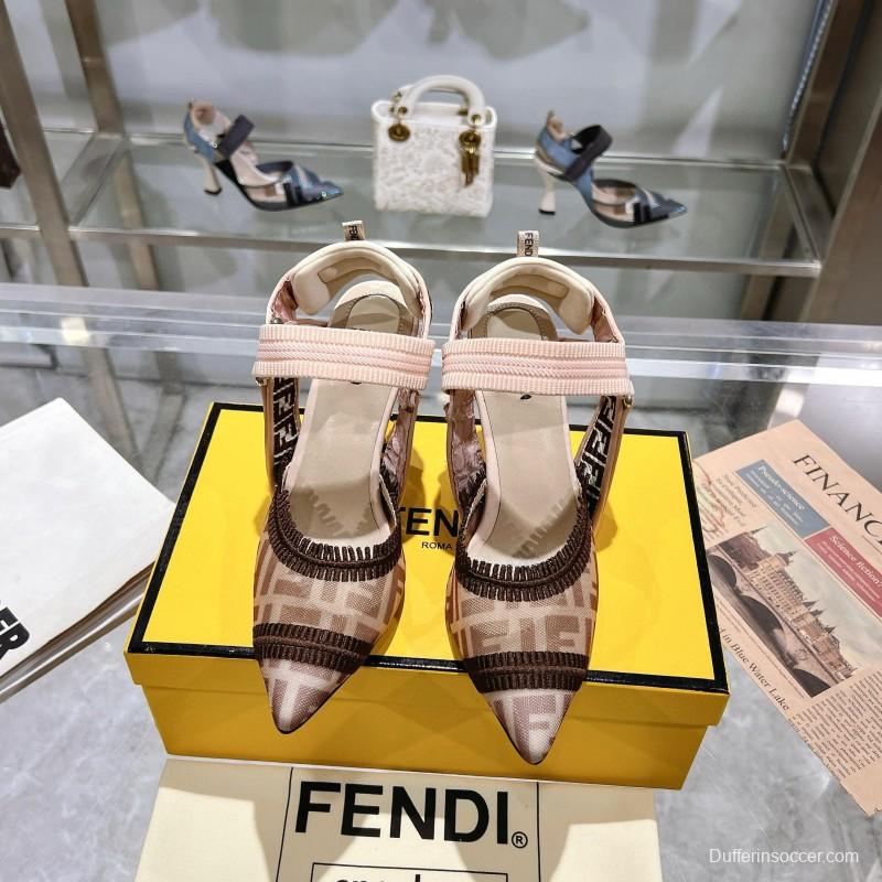 2025 Women Fendi Beige Brown Fabric Leather High Heels MJ00280