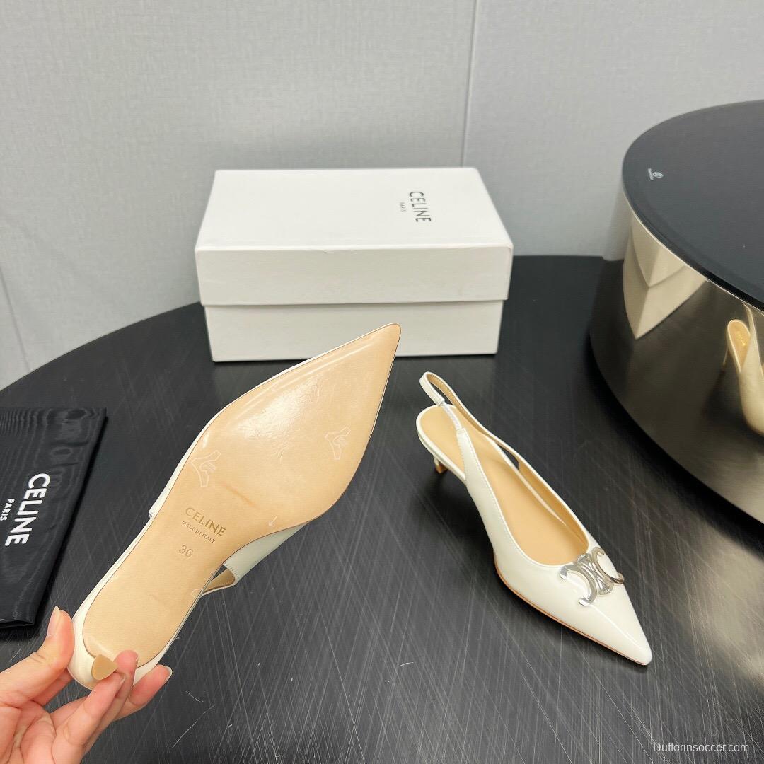 2025 Women Celine White Patent Leather Kitten Heel Pointed Toe Trimed KFY00290