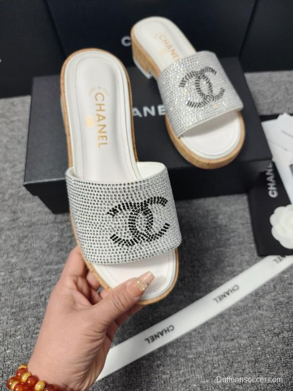 2025 CHANEL Silver Crystal Leather Slippers