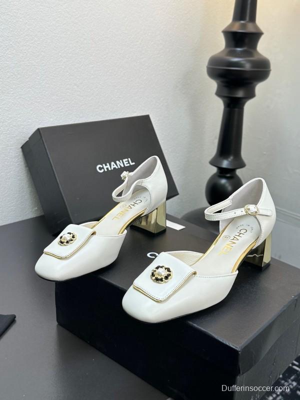 2025 Women Chanel White Leather Chunky Heel Metal Decoration LY00360