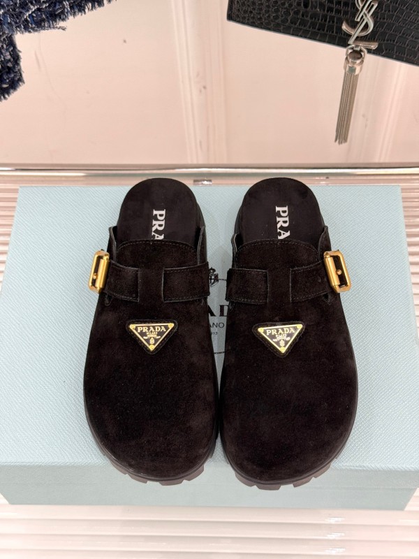 2025 Women Prada Black Suede Slippers