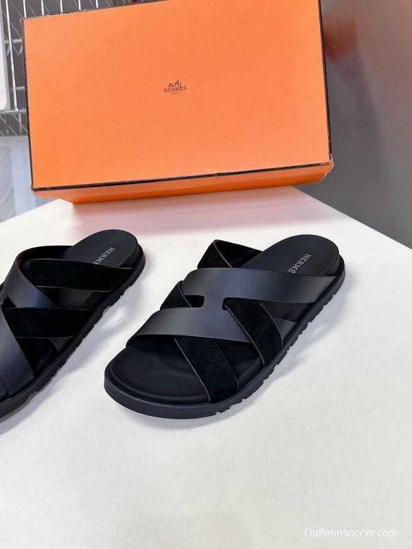 2025 Slippers Hermès Black Leather Slippers