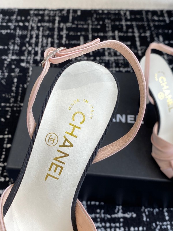 2025 Women Chanel Pink Black Satin Leather Slingback Heels KFY00289