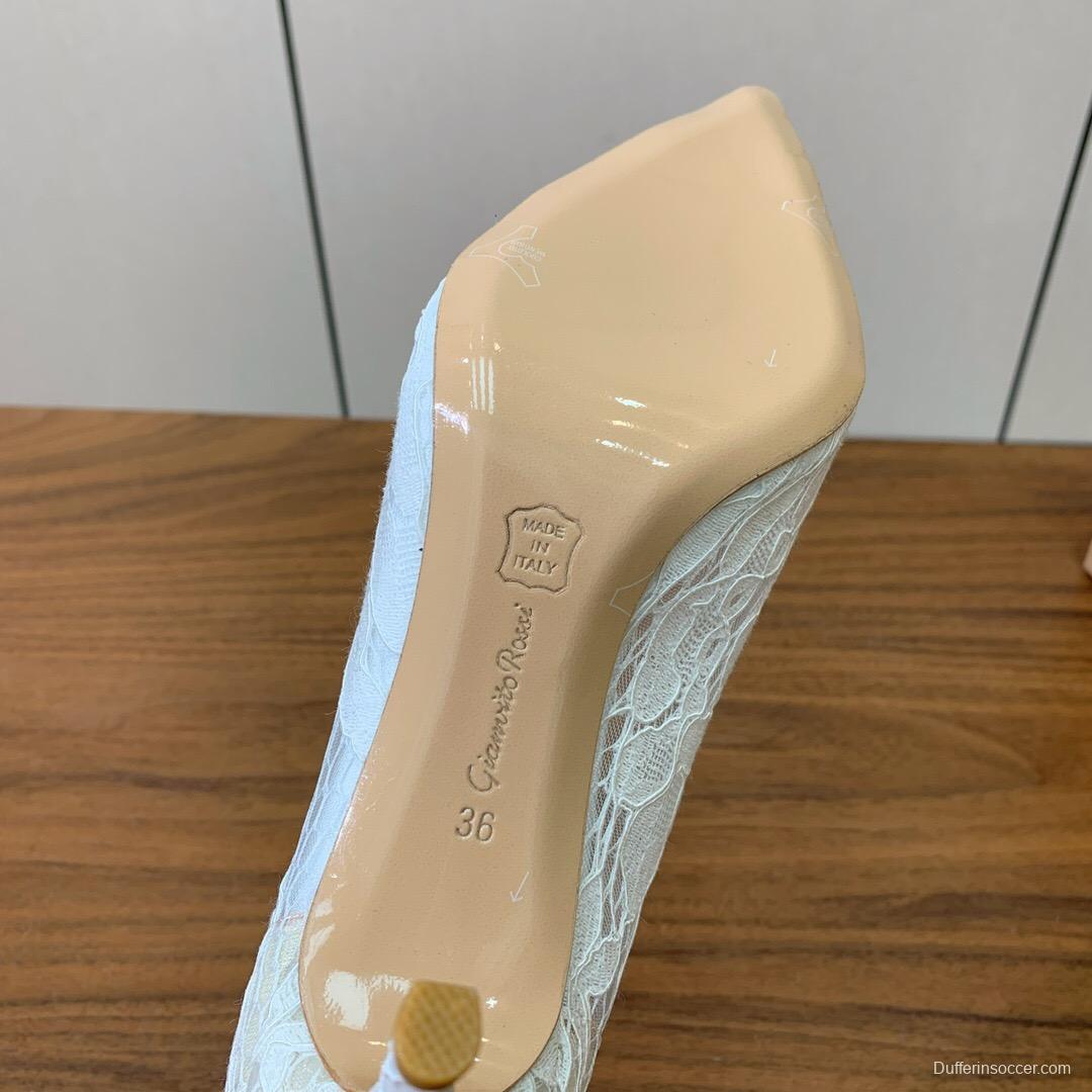 2025 Women Gianvito Rossi White Lace Leather Pumps KFY00280