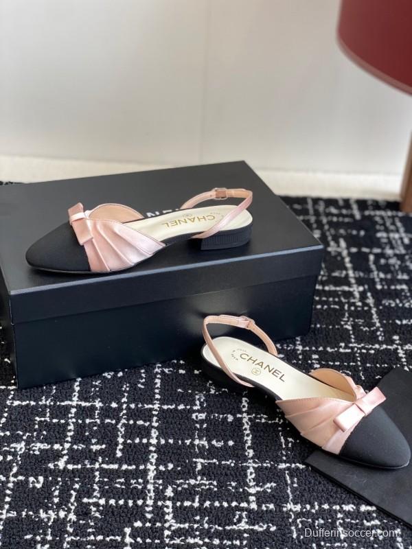 2025 Women Chanel Pink Black Silk Leather Sandals Satin Bow KFY00289