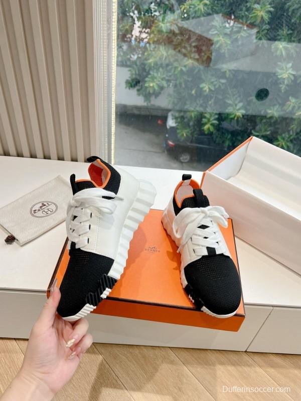 2024 Unisex Hermès Black White Orange Calfskin Suede Knitted Sneakers MJ00290