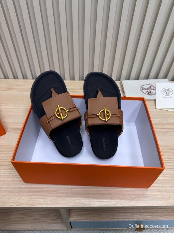 2025 Slippers Hermès Brown Black Leather Slippers