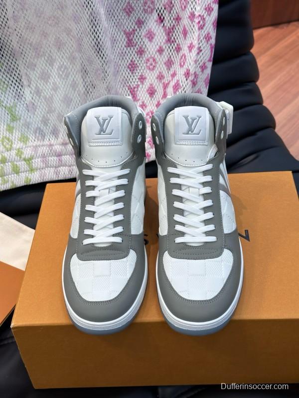 2024 Men Louis Vuitton White Grey Leather Canvas High Top Classic Sneakers MJ00420
