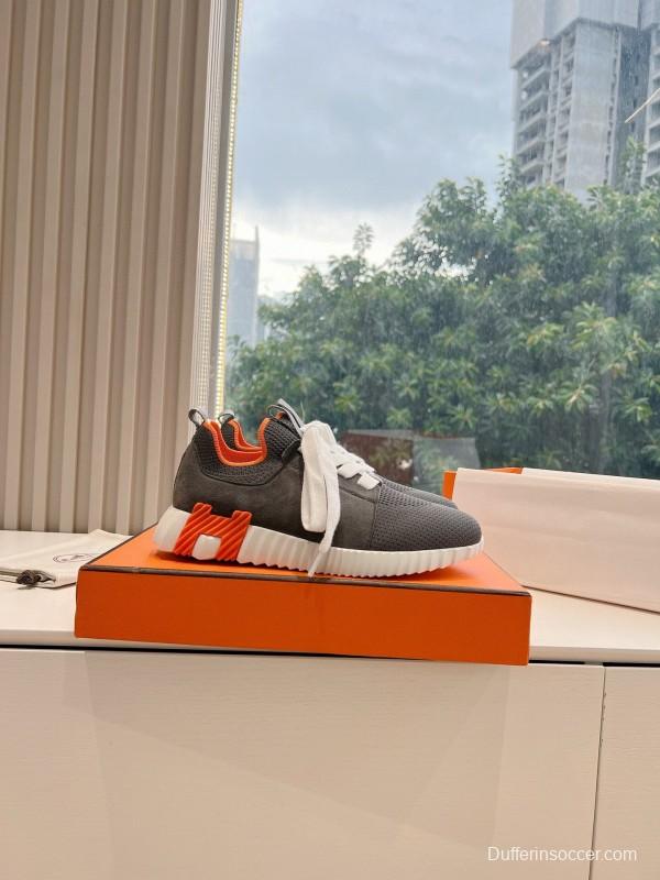 2024 Unisex Hermès Black Orange Calfskin Suede Sneakers MJ00290(M/W)