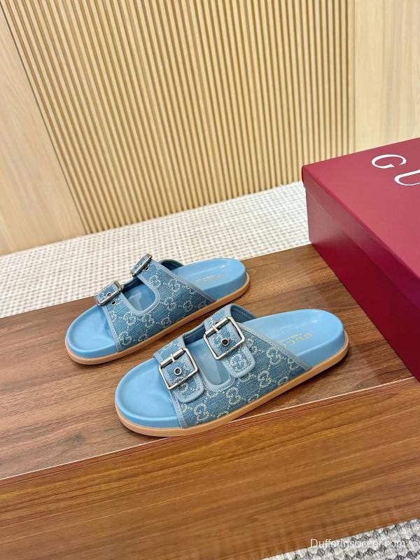 2025 Women Gucci Light Blue Canvas Leather Sandals