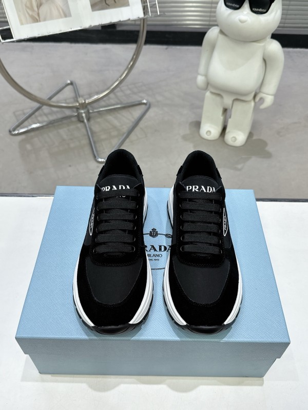 2025 Women Prada Black Leather Mesh Sneakers KFY00310