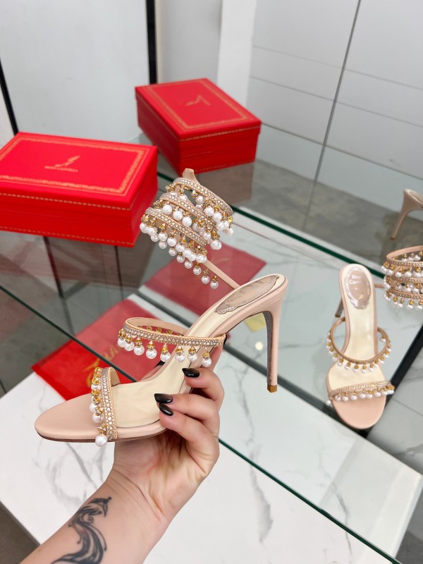 2025 Women RC Champagne Leather Crystal Pearl High Heel Sandal LY00360