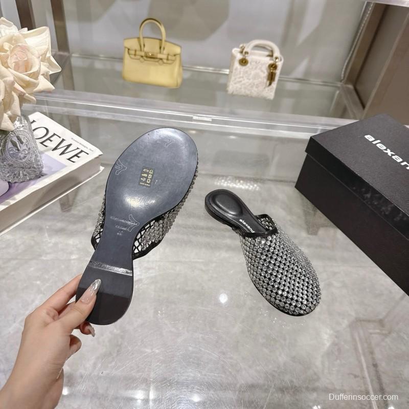 2025 Slippers Alexander Wang Black Crystal Mesh Leather Slippers LY00310