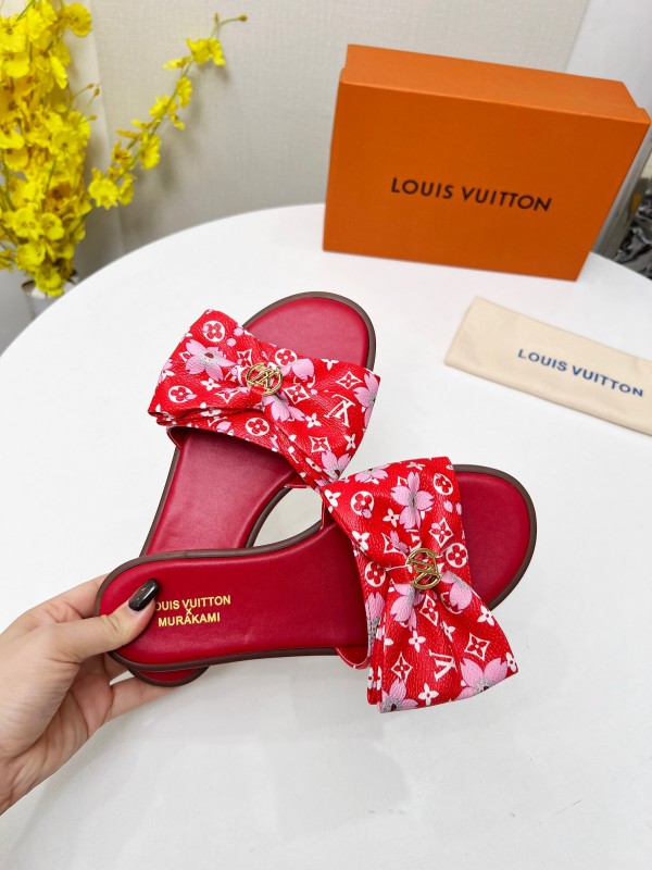 2025 Women Louis Vuitton Red White Canvas Slippers LY00190