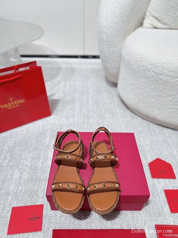 2025 Women Valentino Brown Leather Sandals Braided Craftsmanship LY00250
