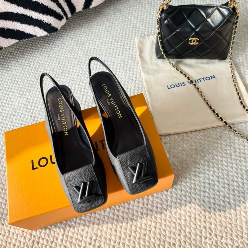 2024 Women Louis Vuitton Black Leather Slingback Heel