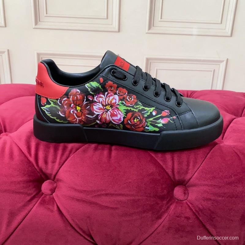 2025 Women Dolce & Gabbana Black Red Leather Sneakers Floral LY00300