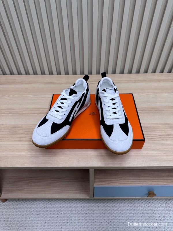 2025 Unisex Hermès White Black Suede Goat Leather Sneakers Top Version KFY00300