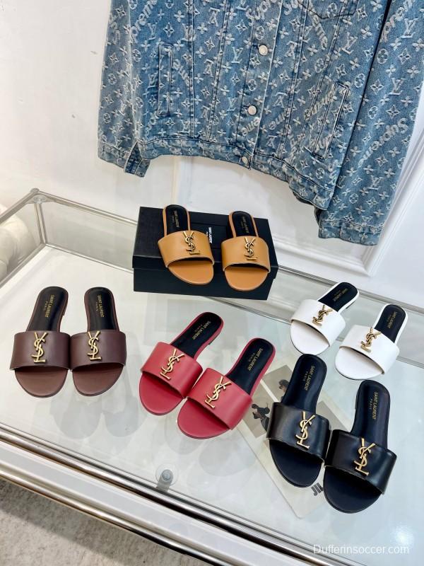 2025 Women Yves Saint Laurent Light Brown Leather Slippers LY00180