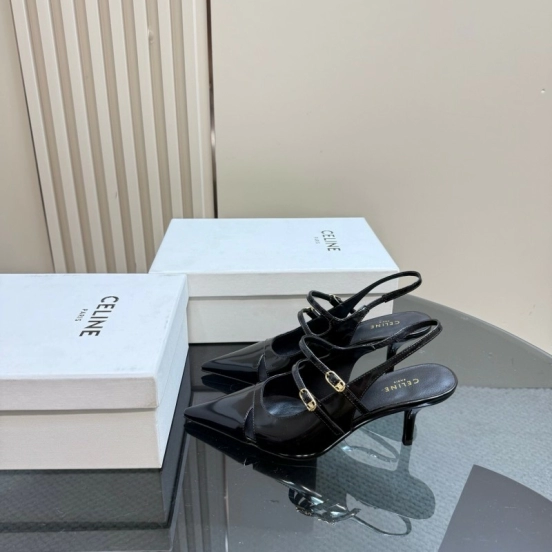 2025 Women CELINE Black Patent Leather Pointed Toe Slingback Heels