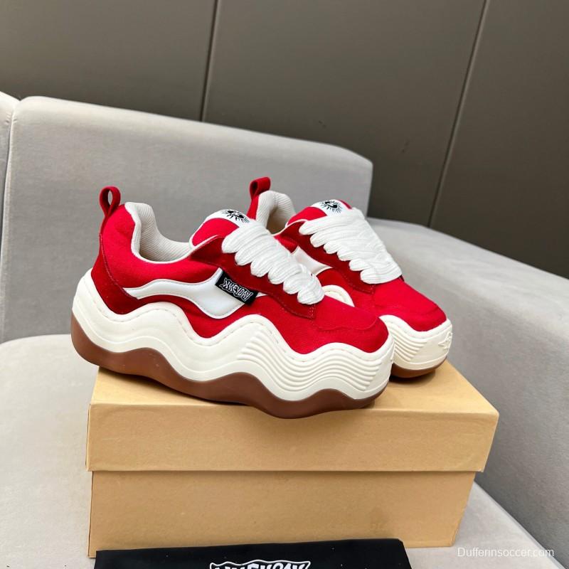 2025 Women HEYDAY Red White Canvas Leather Wave Sneakers