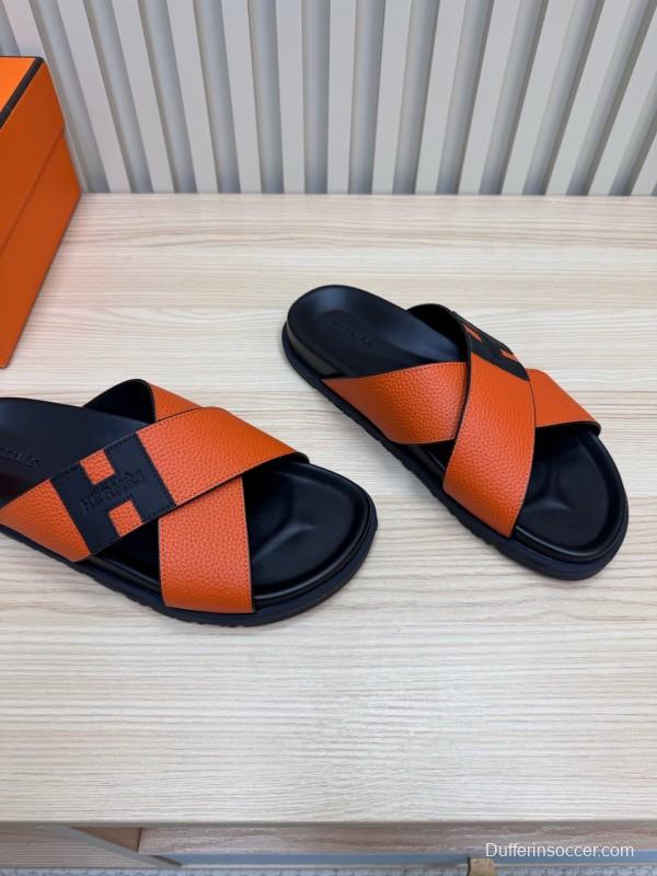 2025 Slippers Hermès Orange Black Leather Slippers