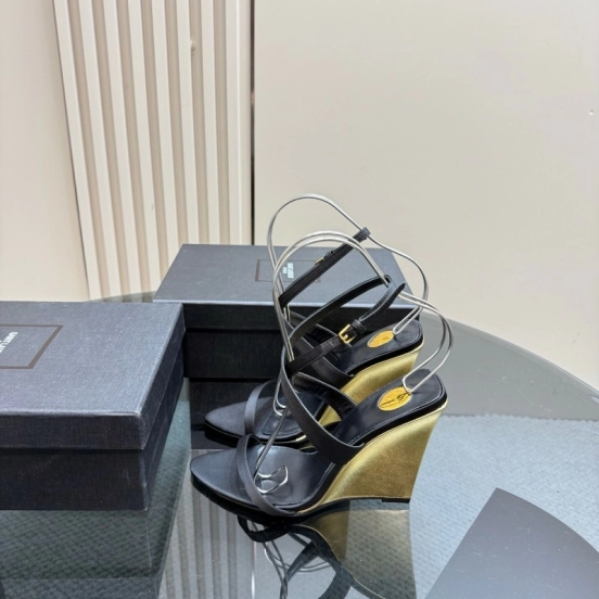 2025 Women Yves Saint Laurent Black And Gold Wedge Sandals Premium Leather Elegant Design LY00360(F)