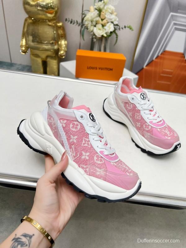 2025 Women Louis Vuitton Pink White Canvas Leather Sneakers