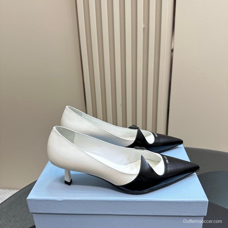2025 Women Prada Black White Leather Heels KFY00310