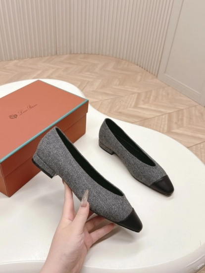 2025 Women LP Grey Black Fabric Leather Pointed Toe Loafers