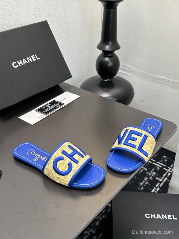 2025 Women CHANEL Blue Beige Canvas Slippers