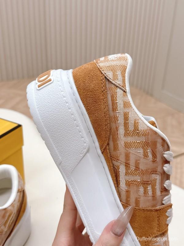 2025 Women Fendi Brown Leather Fabric Sneakers LY00340