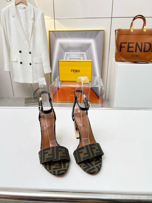 2025 Women Fendi Brown Black Leather Fabric High Heel Sandals