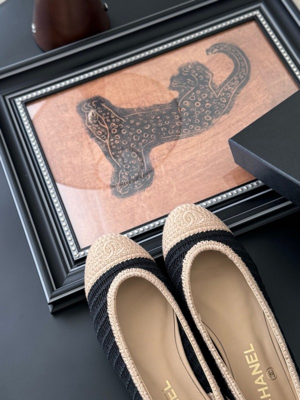 2025 Women Chanel Black Beige Knit Ballet Flats
