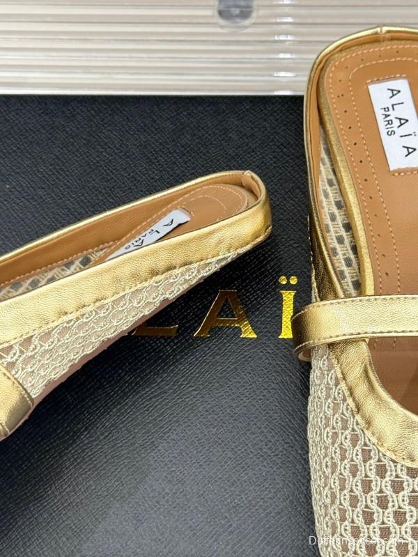 2025 Slippers AlAIA Gold Mesh Leather Slippers
