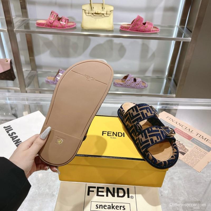 2025 Slippers Fendi Blue Brown Jacquard Buckle KFY00250